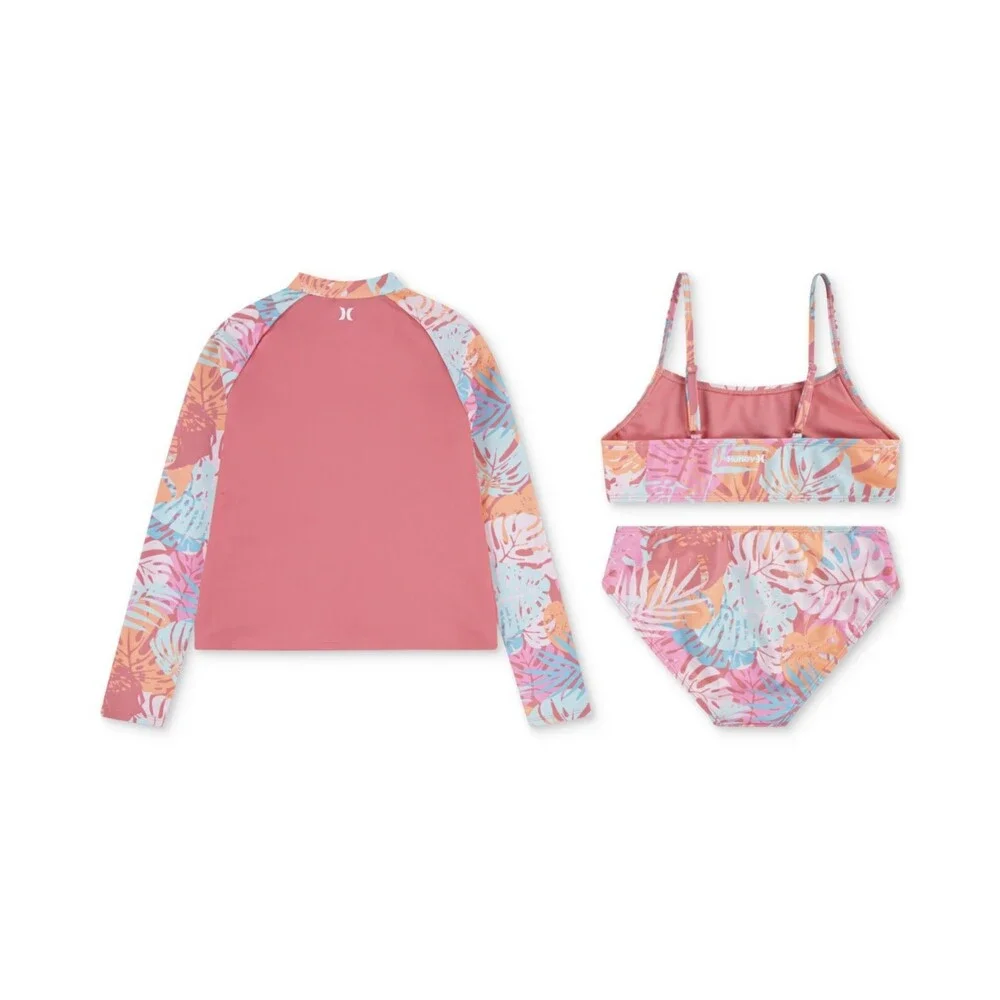 Hurley 3-Piece Rashguard Set Girls 8 Sunset Coral Tropical Swimwear GBO1354